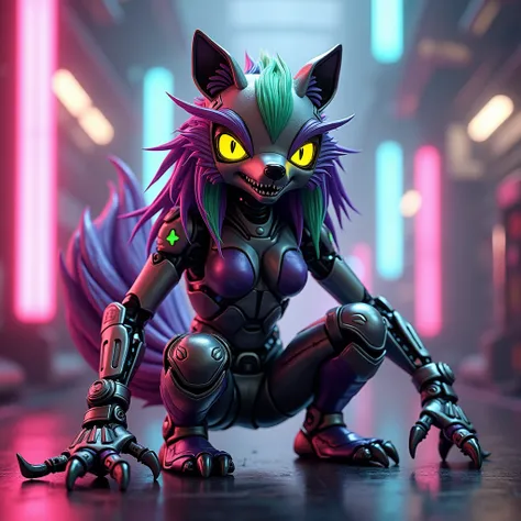 " A robotic character inspired by an anthropomorphic wolf ,  with a futuristic and elegant design .  His body is metallic and stylized ,  with predominant colors such as silver and purple ,  accented with shades of neon green .  He has bright eyes of an in...