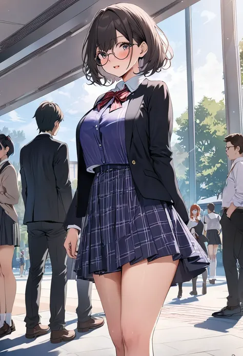 ((   best quality)), (( Masterpiece)), (    Details), (  1 Anime Girl   ),     sexy,   9 with dark hair and big breasts ０Female college student in CM  ,     short hair ,    young woman,   female college student with round glasses  , ((( woman standing on c...