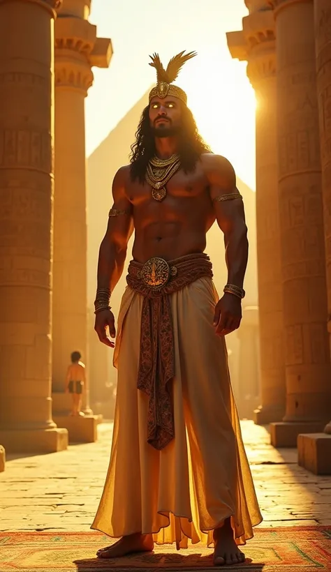 A cinematic shot of a muscular man with a falcons head and golden feathers standing in front of an ancient Egyptian setting. He is wearing a royal outfit adorned with fine linen and gold, with necklaces and bracelets indicating his high status. The man has...