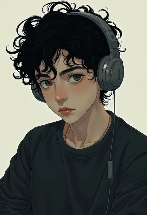  Curly black-haired boy wearing Headphone while listening to music ,  he has an earring in his right ear and has a melancholic and serious countenance, he wears a black sweatshirt 