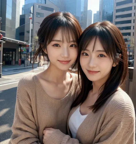 Two Japanese people, one man, one woman, on a date, looking happy, cuddling, looking close, looking at camera, very accurate image, image needs to be detailed and clear Yes, (background is cityscape, urban landscape), (best quality, 8K, 32K, masterpiece, U...