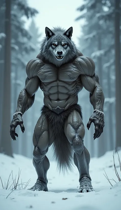 "A muscular humanoid with a wolfs head, standing fiercely in a snowy forest clearing, hyperrealistic textures, sharp focus on the subject, detailed anatomy with visible fur and claws, snow-laden trees blurred for depth, cold and moody lighting, cinematic r...