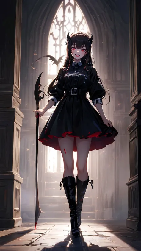 Shadowy Face　、beautiful girl、とてもcute天使、 pink t-shirt 、cute、baby face、smile、 Long Skirt、 BLACK LONG BOOTS 、.(  best quality ,4K, high definition ,  Masterpiece :1.2),  very detailed,Realistic:1.37,  Spooky altar background  ,Dark fantasy,Red Scheme ,Ominous...