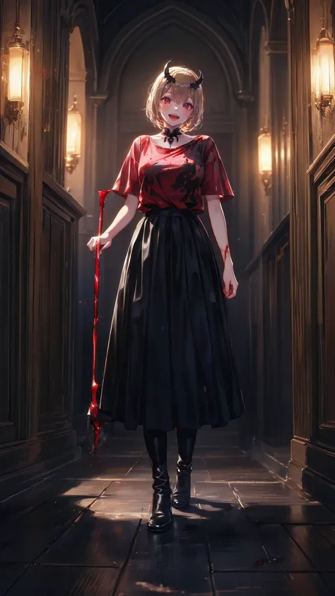 Shadowy Face　、beautiful girl、とてもcute天使、 pink t-shirt 、cute、baby face、smile、 Long Skirt、 BLACK LONG BOOTS 、.(  best quality ,4K, high definition ,  Masterpiece :1.2),  very detailed,Realistic:1.37,  Spooky altar background  ,Dark fantasy,Red Scheme ,Ominous...