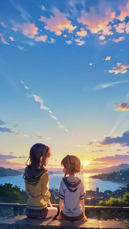 two girls、キスをしている two girls、hill with a view of the sea、the sun goes down