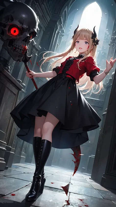 Shadowy Face　、beautiful girl、とてもcute天使、 pink t-shirt 、cute、baby face、smile、 Long Skirt、 BLACK LONG BOOTS 、.(  best quality ,4K, high definition ,  Masterpiece :1.2),  very detailed,Realistic:1.37,  Spooky altar background  ,Dark fantasy,Red Scheme ,Ominous...