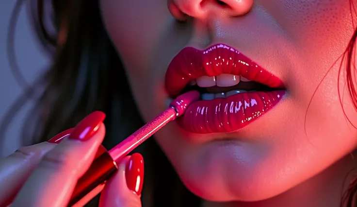 Close-up of a womans glossy lips, applying lip gloss, pink and purple lighting, "BARBIE" text overlay in bold capital letters with a tagline underneath, possibly "IN THE EYES OF GLORY" or similar, slightly blurred, focus on the lips, glossy texture, sugges...