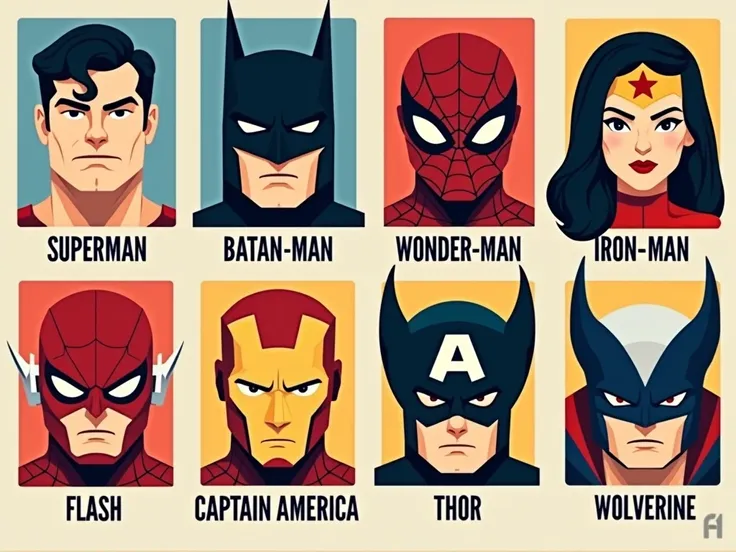 I need the faces of these 9 superheroes:
 Superman, batman, Spider-man, Wonder-Woman , iron-man, Flash,  Captain-America ,  Thor and Wolverine
each squared separately ,  with the name of each superhero below the box