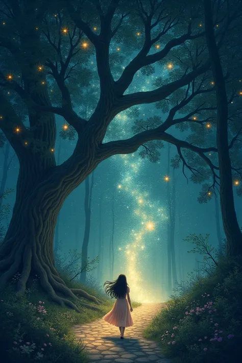 One night,  Marisol asked the stars to show her the way to find true love. The stars shining with an unusual intensity ,  they formed a luminous path that led her to the heart of the forest . Over there, she found an ancient tree ,  whose roots extended li...