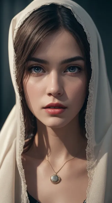  Realistic image of an incredibly beautiful woman without makeup., He wears a cloak and a veil ,  Light hazel eyes with superior details .,  perfect eyebrows ,  Big red lips , medium cheeks ,  Real, detailed faces ,  natural skin texture ,  Highly detailed...