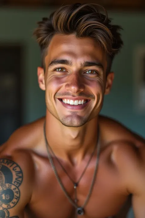  Male 27 years old
Athletic and relaxed body. light and tanned skin, With a tattoo on his left forearm.  brown hair, cut in military style .  Your eyes are brown and vibrant ,  and your infectious smile stands out ,  reflecting your positive energy .
