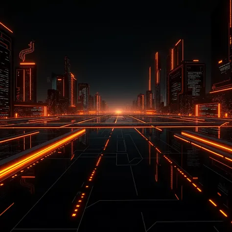 Create 1920x1080 wallpaper with black background and futuristic details in bright orange
