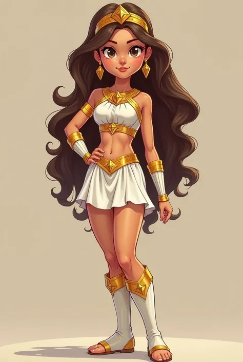   A 15-year-old girl who is a goddess daughter of Zeus   ,  She is beautiful and young , ,   brown puppy eyes and hair with brown waves that reach his waist,  pink and fleshy lips ,  good anatomy , ,   his costume is a superhero with touches of the costume...