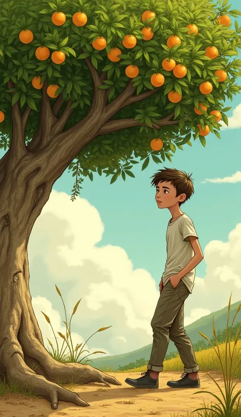 Create an image inspired by the book O Meu Pé de Laranja Lima. On the left side of the image, feature a large lime orange tree with thick, gnarled roots and a wide, lush canopy filled with bright lime oranges. The tree should resemble the one in the refere...