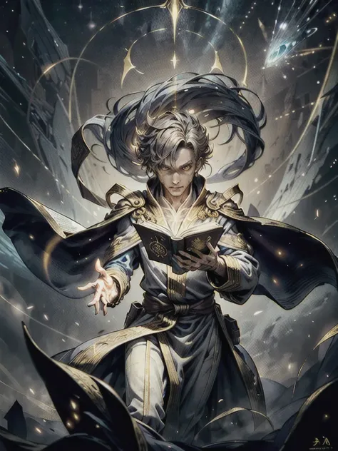  1a male sorcerer with golden pupils in a long robe. mind sorcerer ,crazy look.  piercing gaze .  detailed portrait .  Lots of Details . masterpiece,  high detail.  A magic book floats in the air in the air in the background .  Magical space . 