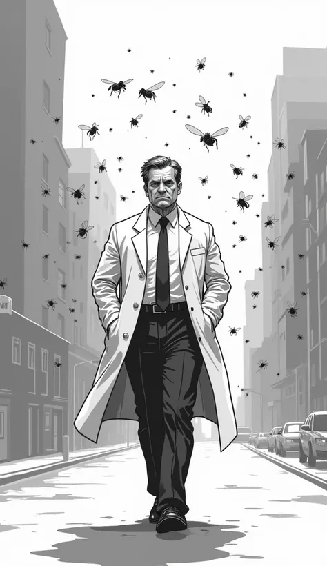 The image is a monochrome illustration depicting a teacher, in a white coat, rather smug, walking down the street, surrounded by flies.
