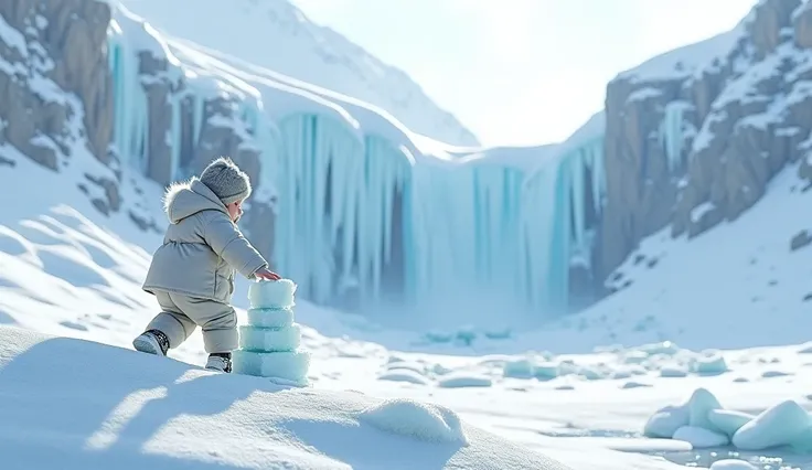 Play with ice in the middle of snowy mountains, the white arctic, and snowy mountains, there is a waterfall 