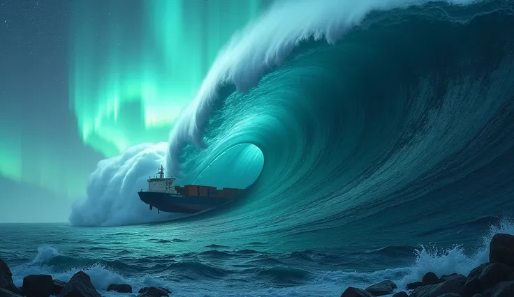 A cargo ship being engulfed by a wave under a mysterious aurora. The sky has a supernatural glow ,  suggesting unsolved puzzles .