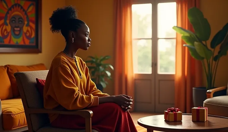 Ngozi a 40 year lady, sitting alone in her living room, looking out of a window with a thoughtful expression after receiving a gift from her new found man. The room is cozy with African-inspired decor. Make the image realistic 
 

