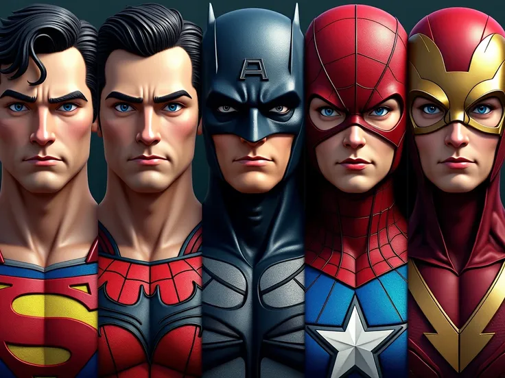  I need the faces and torsos of these superheroes:  Superman, batman, Spider-man, Wonder-Woman , iron-man, Flash,  Captain-America , Thor and Wolverine .  Each squared separately, unrepeated and realistic style 