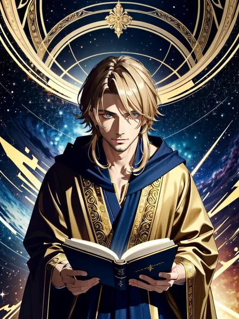  1a male sorcerer with golden pupils in a long robe. mind sorcerer ,crazy look.  piercing gaze .  detailed portrait .  Lots of Details . masterpiece,  high detail.  A magic book floats in the air in the air in the background .  Magical space . 