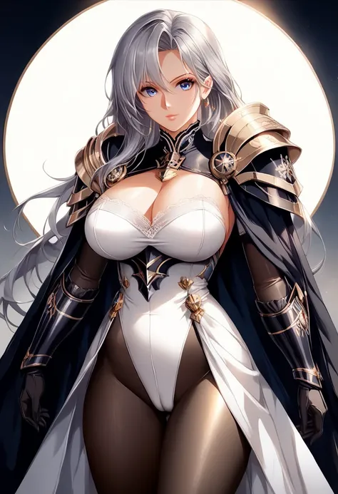 (solo),1girl,anime face,Azur Lane,cowboy shot,A beautiful face with perfect makeup,Curvy body,(Vulgar:1.5),((black luxurious and noble royal knight armor HIGHLEG LEOTARD)),((Investigator Bodystocking)),((large golden shoulder armor)),(breastplate:1.3),(lea...