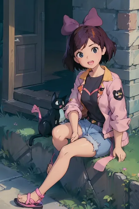 1girl, solo, big breast, open mouth, BarbieV1, rosalina, jacket, dark purple hair, hand on chest, small black tattoo, short jeans, looking up, full body, flipflops, sitting, sweating, kiki, red hair bow, black cat