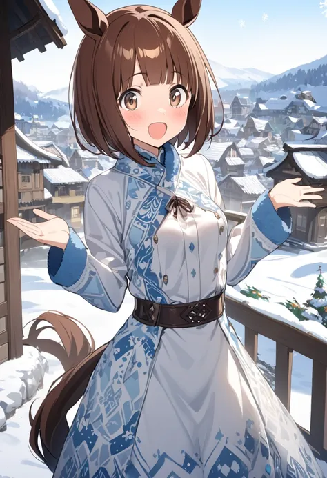  best quality、One girl、Round face shape、細身の体、 small breasts、 horse ears and tail 、 short bob、Shiny reddish brown hair、Brown eyes、white and blue snow pattern costume、 Surprised Face 、Open both hands and raise、Village with a snowy landscape 
