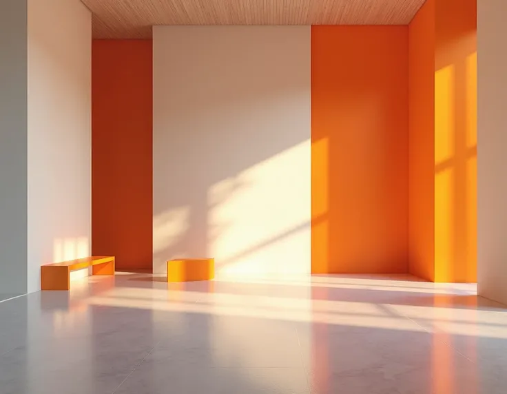 empty museum room with orange touches