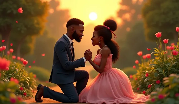 Uche Proposing to Ngozi in the Garden
kneeling in her front of in a lush garden as the sun sets. Ngozi looks emotional, with tears of joy in her eyes. Make it realistic 
