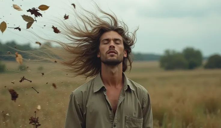 A strong wind carrying leaves and branches; a person standing calmly with his eyes closed, letting the wind pass around him without resisting. The background shows a calm landscape that contrasts with the wind that surrounds it