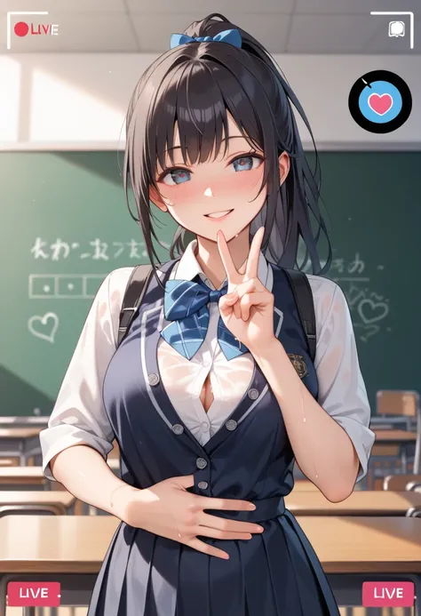 masterpiece, best quality, high quality, ultra detailed, extremely detailed, ultra-high res, best aesthetic, 8k),
(ultra-detailed face),

(only 1 ultra beautiful girl, loli: 1.5), (solo),
(standing against blackboard: 1.2),
(hand on stomach: 1.4), V-sign,
...