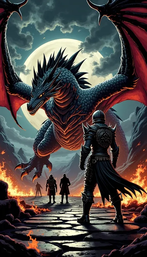 main screen of an RPG game, a close-up of a dragon with a man standing next to it, battle with dragon, dragon queen, ice and fire, queen of dragons, dragons, epic dragon, fighting a dragon, world of fire and blood, dragon rider, dragon in background, drogo...