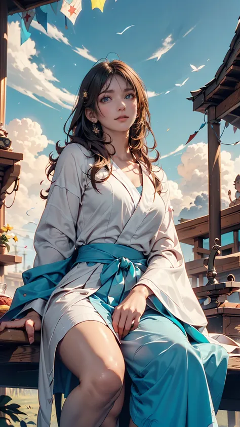 ( best quality,   Masterpiece ), Turquoise Screen Filter, ( 1 girl, Alone,  Brown Robe, expression, Look up,  sitting,  wide sleeve,  dark eyes,  closed mouth ,  long hair,  cowboy shooting), (Clear sky, Cosmos field, cloud),