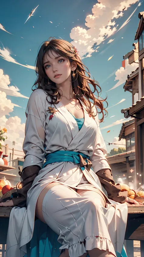 ( best quality,   Masterpiece ), Turquoise Screen Filter, ( 1 girl, Alone,  Brown Robe, expression, Look up,  sitting,  wide sleeve,  dark eyes,  closed mouth ,  long hair,  cowboy shooting), (Clear sky, Cosmos field, cloud),