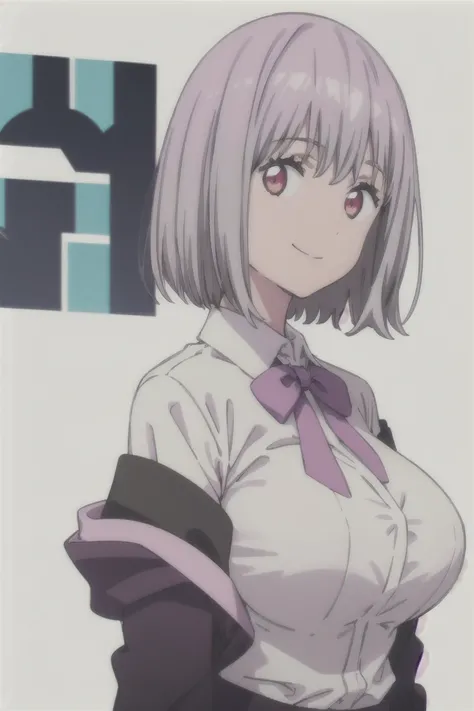 solo, 1girl, (big tits), looking at viewer, 2D, anime, anime coloring, upper body, (solid white background:1.3), akane shinjou, white shirt, bowtie, off shoulder, jacket, looking at viewer, smile, ((upperbody))