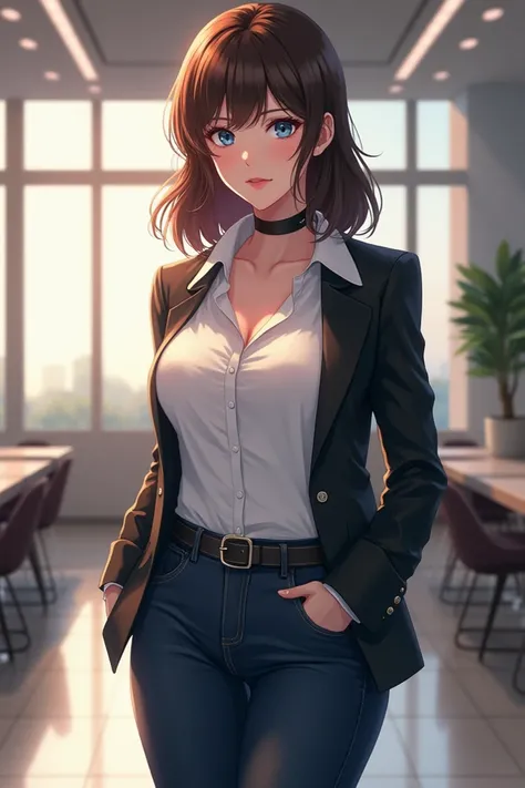 " A young and confident woman with medium brown hair at shoulder height ,  expressive blue eyes and striking facial features .  She wears a white dress shirt with a pronounced neckline , highlighting her large breasts,  an elegant black blazer and tight je...