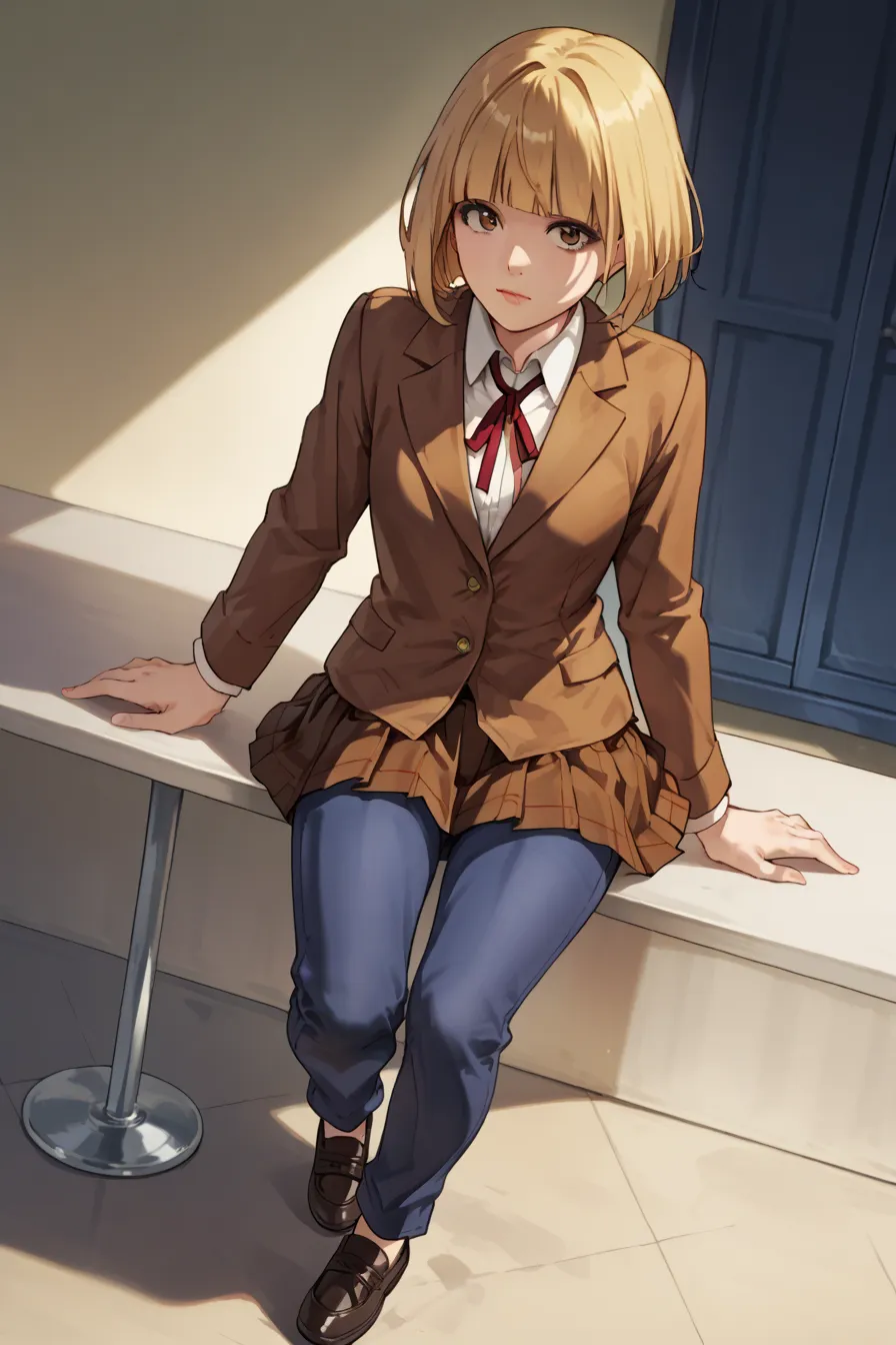 score_9, score_8_up, score_7_up, source_anime break,hana midorikawa,short hair, skirt, bob cut, blonde hair, brown eyes,red neck...