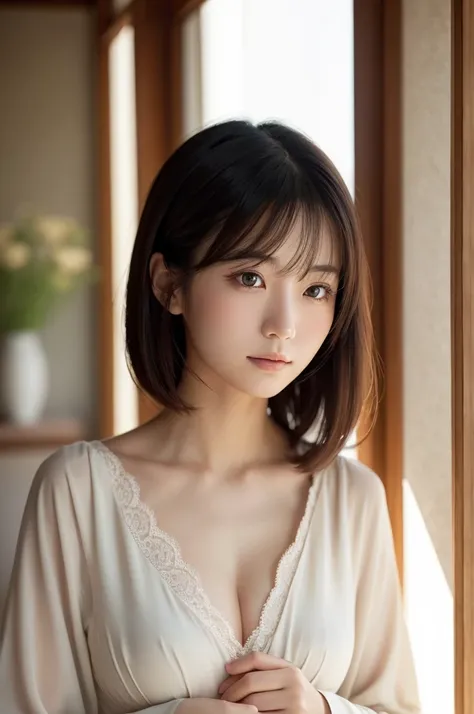  Japanese woman dressed elegantly under natural light 、A close-up of her chest and calm expression.、 shows her inner peace and outer charm。