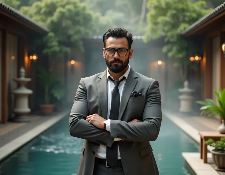 ,  dark brown eyes , Beard like glasses, broad-shouldered, not very  muscle shirt, elegant, 30 YEARS, Outdoor Hot Spring Hall Garden Landscape! Stone lamp ! Beautiful environment! Water and fog! better quality ,  masterpiece ,  ultra high resolution neckli...