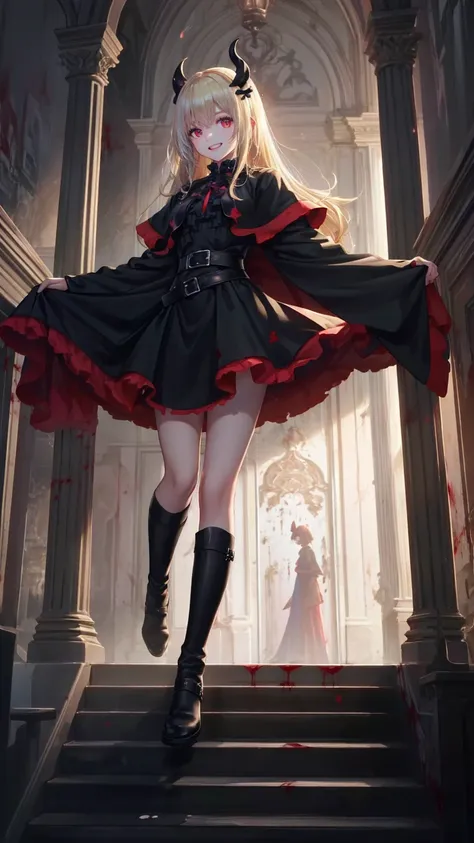 Shadowy Face　、beautiful girl、とてもcute天使、 pink t-shirt 、cute、baby face、smile、 Long Skirt、 BLACK LONG BOOTS 、.(  best quality ,4K, high definition ,  Masterpiece :1.2),  very detailed,Realistic:1.37,  Spooky altar background  ,Dark fantasy,Red Scheme ,Ominous...