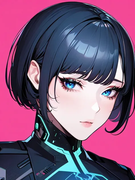 1girl, solo, looking at viewer, short hair, blue eyes, black hair, half-closed eyes, pink background, portrait, red background, science fiction, cyborg, glitch, cyberpunk, general
masterpiece, newest, absurdres,very aesthetic