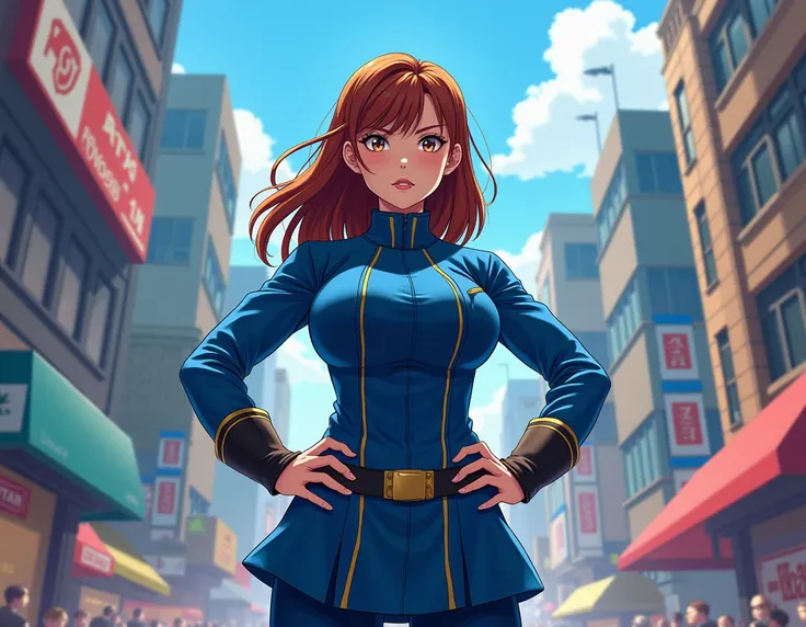 A strong and powerful woman striking a heroic pose, with her hands on her hips or arms crossed. She is wearing the same blue uniform as shown in the reference photo. The background depicts a chaotic city scene, all illustrated in anime art style