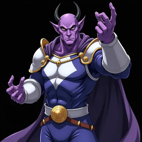 anime a quirky purple skin strong mature male tiefling with small straight pointy black horns and no hair wearing a blue and white medieval military armor over a power ranger purple jumpsuit doing a battle justice pose, black background, epic anime style