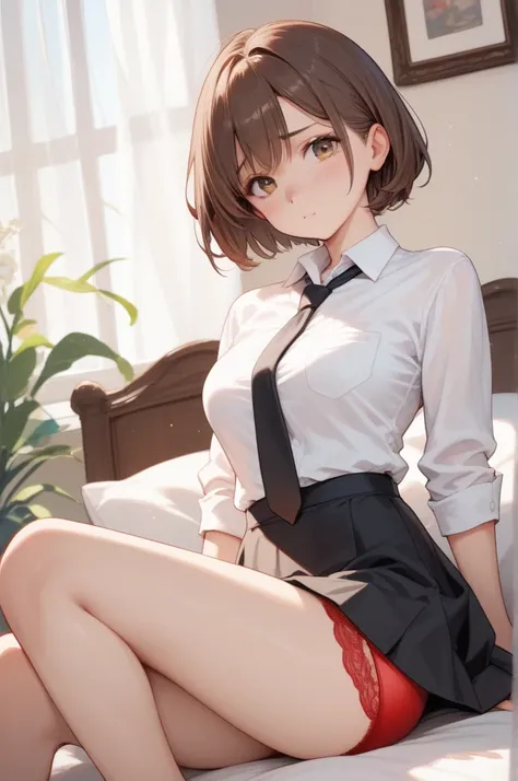 score_9, score_8_up, score_7_up,  1girl, Short hair, brown hair, red lingerie, looking at viewer, shy expression, medium breasts, slim body, short skirt, black skirt, white shirt, collared shirt, black tie, I will open your legs Red  underwear 