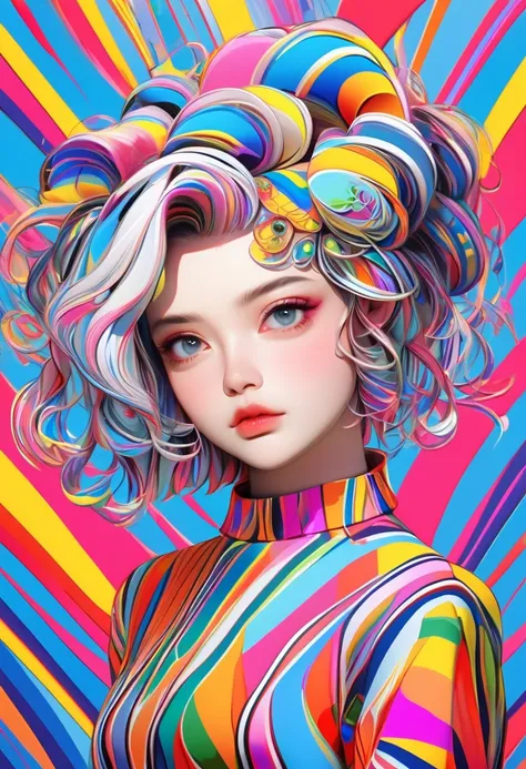 masterpiece, highest quality, 16k, unbelievably absurd, very detailed, perfect beauty, beautiful cute girl, in a beautiful pose, modern sauvage bob hair, through bangs, vibrant colors illustration