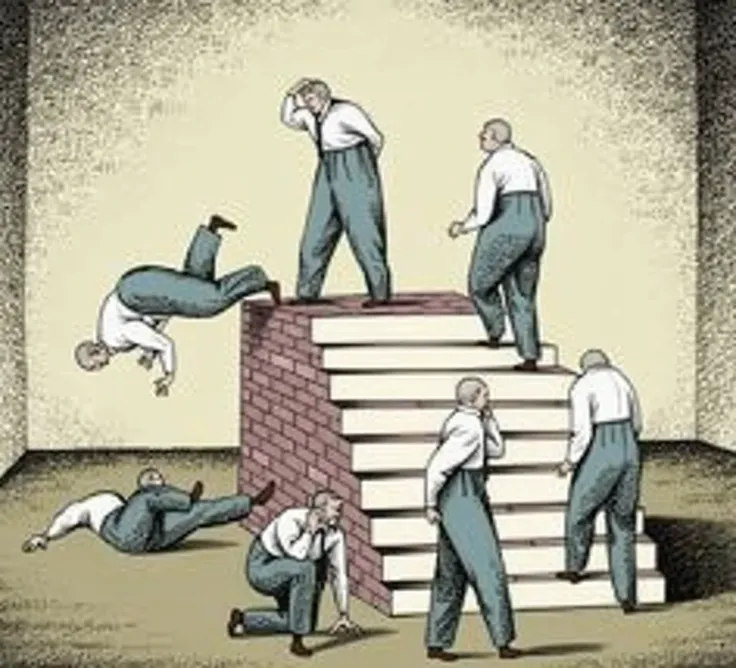  cartoon of a group of men climbing a brick wall with a dog, viral image, workers, many copies of them, by John Moonan ,  illustration!, education of the masses, stacked, by Loren Munk , Manipulation, Overload,  by Rodolfo Morales  ,  by Mario Comensoli , ...