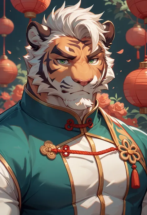 solo, furry male; front facing pose, male tiger, lean build, white hair, white beard, green eyes, chinese clothing, looking down at the viewer, stern expression