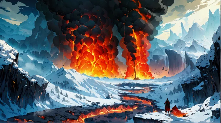 ultra-detailed illustration, A dramatic vision of smoking fissures opening in the ground, with sulfuric vapors escaping and a great column of black smoke rising into the distant sky. Ingólfur and his men stand beside the fissures, with expressions of surpr...