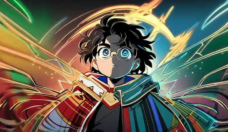 Depict Harry Potter reimagined in the vibrant style of 90s anime. Harry is portrayed as a teenage protagonist with large, expressive eyes that glint with determination and a youthful curiosity. His iconic messy black hair is spikier and stylized, flowing n...